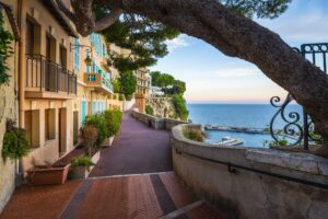 Scenic walk on the Rock of Monaco overlooking Port de Fontvieille, Monaco
